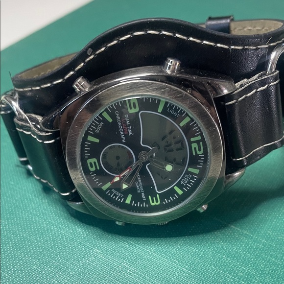 Other - Black Leather Strap Watch with Green Accents